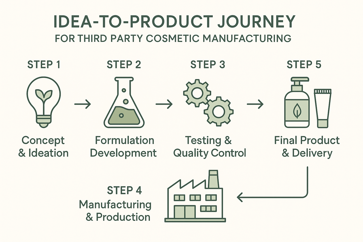 Image Placement: After process section
Image Description: 5-step infographic showing idea-to-product journey
Alt Text: "Step-by-step third party cosmetic manufacturing process at Trnatva"