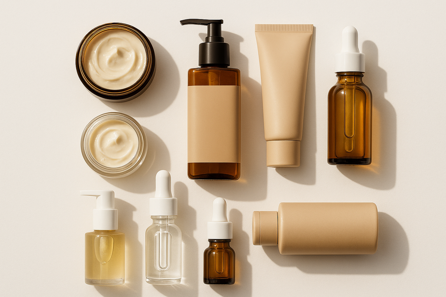 Image Placement: Midway through product list
Image Description: Flatlay of cosmetic product jars, bottles, and tubes
Alt Text: "Wide range of skincare and beauty products manufactured in Delhi"